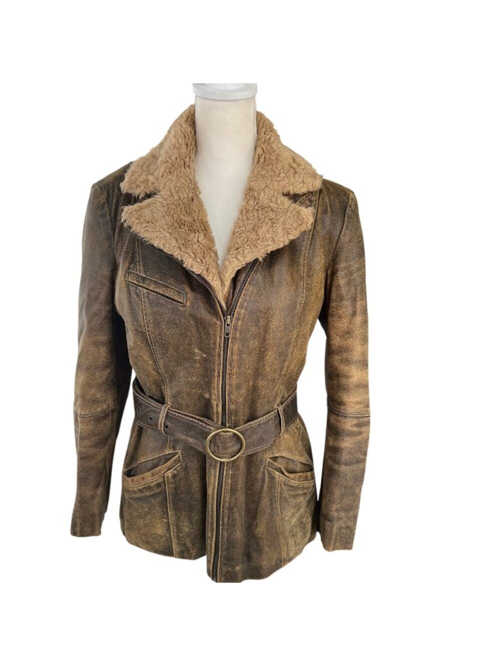 Vintage St. Johns Bay Aviator Distressed Leather Belted Jacket W/ Faux Fur Linin